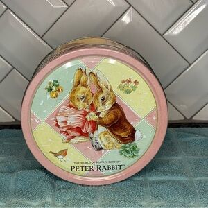 Vintage Beatrix Potter Rabbit Round Tin 1998 Pink Green Yellow Metal Storage
